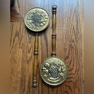 Pair of Vintage Brass and Wood Bed Warmers: Wall Plaques Made in England.